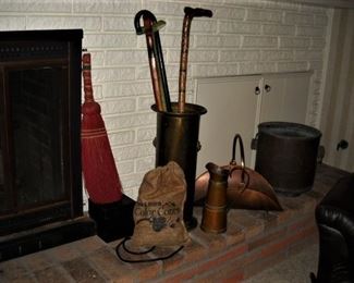 BRASS UMBRELLA STAND AND COPPER KETTLE