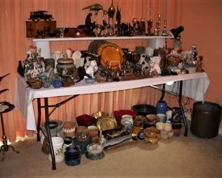 BRASS ANIMALS CAST IRON ANIMALS CANDLESTICKS POTTERY ETC