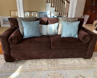 AVERY BOARDMAN SOFA AND LOVESEAT IN CHOCOLATE ULTRA SUEDE-TRADITIONAL STYLE, EXTRA COMFORT CUSHIONS IN EXCELLENT CONDITION!