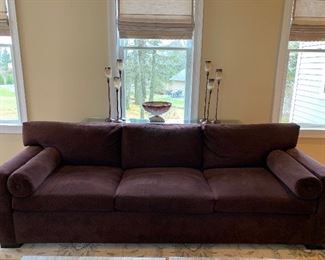AVERY BOARDMAN SOFA AND LOVESEAT IN CHOCOLATE ULTRA SUEDE-TRADITIONAL STYLE, EXTRA COMFORT CUSHIONS IN EXCELLENT CONDITION!