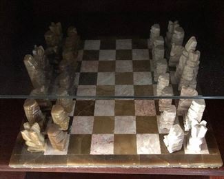 Carved Onyx Stone Chess Pieces and Board : 