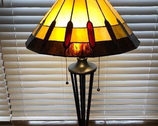 Denman Pair of Matching Stained Glass Lamps.  One is Table lamp with Dual pull chain and the other is a floor lamp.  Sold as a Set : 