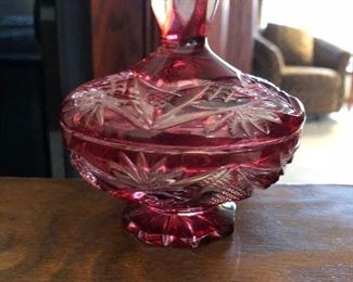 Cranberry to Clear Cut Glass covered pedestal bowl 