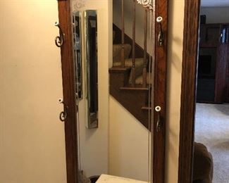 Wooden Hall Tree Entry Way Etched Mirror and marble Table with coat hooks: 