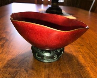 Red Enamel Bowl on wood stand 