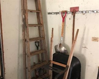 Wooden Ladder, Wheel Barrow, Shovel, Scraper