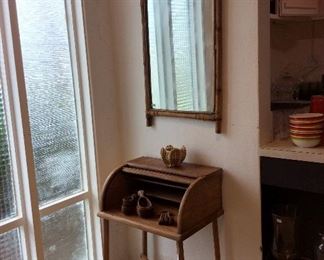 Small Rolltop Desk, 22" W x 31 1/2" H x 15 1/2" D. Bamboo Framed Mirror, 20" x 44".