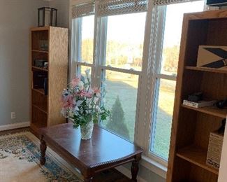 3 oak bookcases, plus 16 aluminum with particle board shelves and 12 plastic!