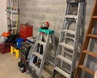 3 ladders, several tool boxes