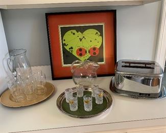 Vintage drink sets, aluminum cake storage box, lady bug serigraph