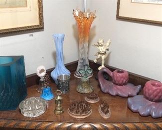 Knick knacks & collectibles: turquoise Sascha Brastoff resin vase, marigold glass stretch vase, bells, flower frogs, pair of Van Briggle candlesticks