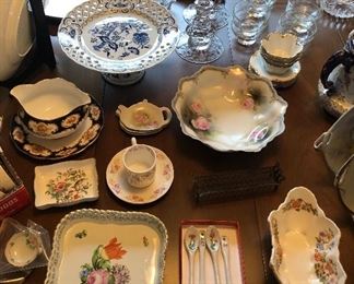 Pierced Herend square tray w/ flowers, Blue Danube cake stand, R.S. Germany bowl w/ roses, Ainsley Cottage Garden bowl & more