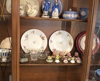 China cabinet contents: Belleek vase, Wedgwood Jasperware, Fostoria American, Aynsley flower salt & pepper shakers, Haviland Limoges bowls w/ underplates & more