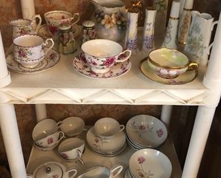 Cups & saucers incl. Royal Albert Petit Point & Ginori,  handpainted china pitcher & salt + pepper shakers, creamer signed by Ludwick Haviland, set of dishes with roses (Japan)