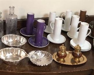 Tall Lagardo Tackett demitasse cups by Schmid, hanging glass grapes S & P set, silver plate creamer & sugar