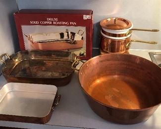 Copper cookware: French baking pan, large roasting pan w/ box, double boiler, large round copper pot (15” diameter)