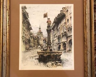 Another etching of Bern by Paul Geissler, framed size 17.5” x 20.5”. (Note: There several other smaller Geissler’s - not shown)