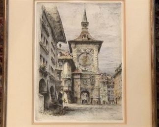 Etching of Bern by German artist Paul Geissler (1881 - 1965), framed size 17”  x 21”