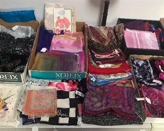 SO MANY scarves! Silk, velvet, wool, knit, even some Vera. Not shown: gloves & purses too.