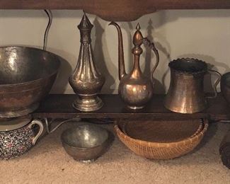 Old Persian copper bowls & vessels, some 19th century (bowl on left is 16” across), Royal Doulton floral chamber pot 