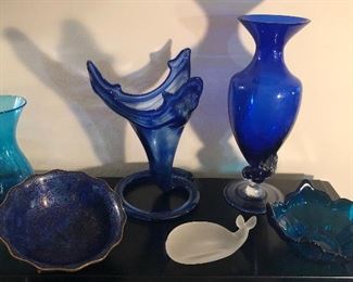Blue glass vases, cloisonné bowl, frosted glass whale, blue Viking lotus bowl