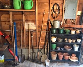 Garden tools, metal watering can, assorted pots & planters