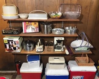 More kitchen items: cooking & baking pans, Tupperware cake carriers, coolers