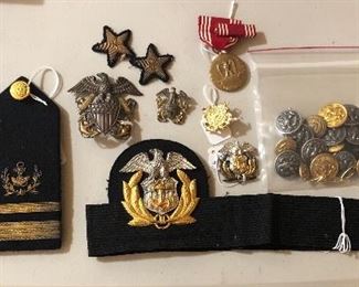 Military memorabilia: Merchant Marine officer epaulets & hat band, Navy hat badges, WW2 good conduct medal, assorted military buttons