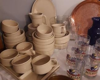 More Pfalzgraff cream mid century set, Michigan glasses