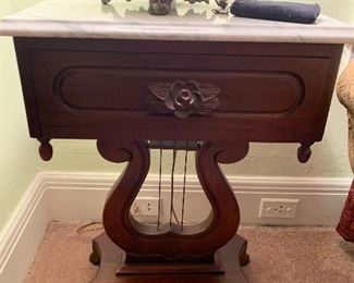 Mahogany Harp Side Table with Marble Top
