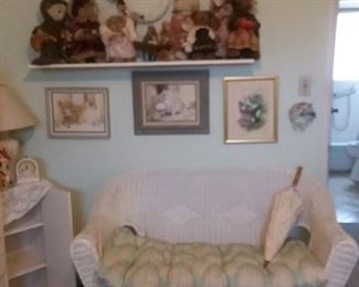 white wicker , teddy bear collection