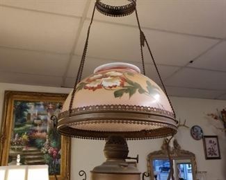 Victorian Hanging Oil lamp. Converted to electronic but can be easily taken back .