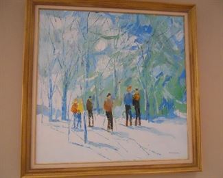Living Room:  This original painting (41" x 42") of cross-country skiers is by listed artist Italo George Barrel-Botti, who was born on March 24, 1923 in New York.
He is the son of Italian immigrants who came from Agripoli, Italy in 1920.  Botti attended the Brooklyn Academy of Fine Arts, Leonardo da Vinci School of 
Art, the Abracheff School of Fine Art, the National Academy of Design, and the Art Students League
He studied under Frank Vincent Dumond, Nicolai Abracheff, Reginald Marsh, and Bernard Lamott.
Botti  taught at the City College of New York, the Art Students League, and the Art Institute of Chicago
He painted under the pseudonyms "George Barrel" and "Barrel Botti", before starting to use his birth name, Italo Botti.   This piece is signed "Barrel."