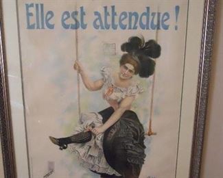 Living Room:  An original French lithograph "Elle est attendue!" poster is signed by Lemm and was purchased at the "Tree of Art" shop in Paris, France (a copy of the original receipt is available.)  It measures 30-l/2" x 40."  