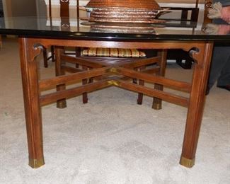 Living Room/Dining Area:  This is a side view of the HENREDON table base.  Notice the scroll inserts at the top legs and the brass embellishments on the stretchers and legs.