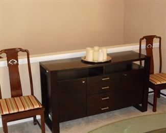 Living Room/Dining Area: Two of the four HENREDON side chairs flank a contemporary "Belaire" credenza/sideboard (60" wide x 18-l/2" deep x 34-l/2" tall) which was recently purchased at Macy's.  A silver-plate tray of battery-operated candles is also displayed.