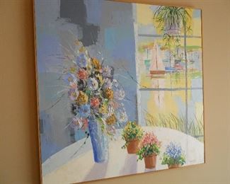 Kitchen:  This original art with flowers and a sailboat scene measures 36-l/2" square and is by listed artist Kenneth Kaye (born 1951).  Kaye was born in New York City in 1951 and is a Postwar & Contemporary artist.  He is well known for his landscape/seascape paintings of Fire Island and The Pines and Long Island.  In the 1970's, his paintings were signed as "Kaye."  However, from 1980 on, he signed his paintings "Kenneth Kaye," and that is how this one is signed.

