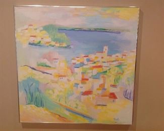 Living Room:  The original art by listed artist "MICHAELS" (as he signs his works) measures 36" x 36."   Michael J. Griffin was born in New Jersey in 1941 and served in the Marine Corps in the early 1960s.  Michaels has a unique blend of realism and expressionism, creating abstract patterns of color and light.   He has most often been represented by T.R.'s Gallery in New York.