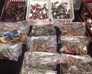 Kitchen Counter:  Vintage 1950's lead soldiers are in baskets above bagged metal and plastic toys (including Tim Mee, Bergen, Beton, and Van Brode cereal prizes).  Some closer photos follow.