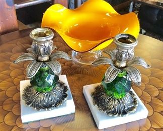 MCM Pair of Green Glass and Marble Candle Holders; a Yellow/Orange Scalloped Edged Hand Blown Bowl with a clear glass base