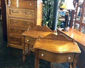 PULASKI FURNITURE CORP., Solid Oak 6-Drawer High Boy Chest w/bowed top drawer and 2 bowed front night stands