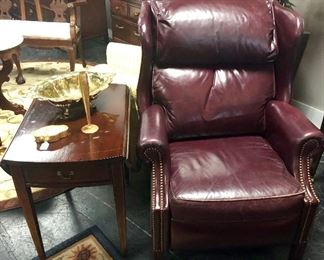 Burgandy Leather Recliner with Brass Studs and 2 Matching Mahogany Drop Leaf Antique End Tables