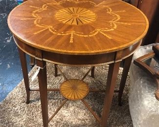 Tall antique 6-legged, unusual foyer table with wooden inlays in top and bottom piece 