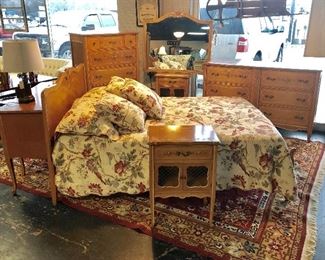 c.1949, REINHART'S Furniture Co., Hazelton, PA, 8-Piece Maple Full Size Bedroom Suite with Hand-Painted Floral Motif (Headboard, Footboard, Side Boards & Frame, 2 Night Stands, 6-Drawer Dresser, Mirror, 7-Drawer Chest, and Desk with Stool)