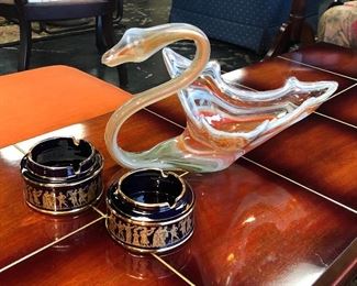 Mid Century Modern Handmade Spyropoulos Cobalt Blue 24K Gold Ashtrays and Hand Blown Glass Swan 
