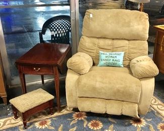 Oversized Beige Upholstered Recliner, with Vintage Mahogany Drop Leaf End Table and Small Mahogany Footstool