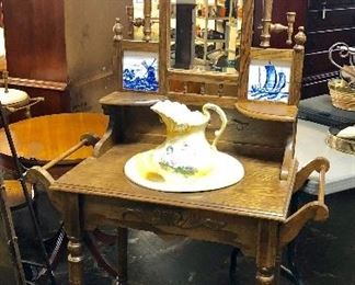 Antique Solid Oak adorable Wash Stand with Porcelain inlays on each top side