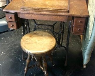 Antique SINGER Sewing Machine and Piano Stool with Glass Feet 