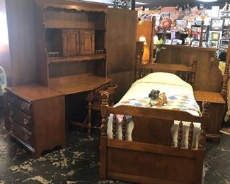 Vintage Twin Bed, End Table, and Corner Desk/Hutch
