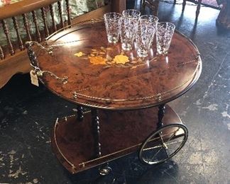C,1960's, Italian Brass and Wood Floral Inlaid Rolling Bar/Tea Trolley, very Mid Century Modern
